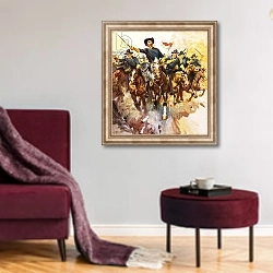 «Charge of the US cavalry» в интерьере гостиной в бордовых тонах