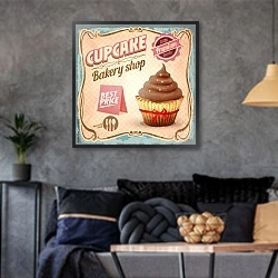 «Ретро плакат с шоколадным капкейком» в интерьере гостиной в стиле лофт в серых тонах