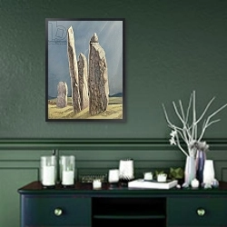 «Tall Stones of Callanish, Isle of Lewis, 1986-7» в интерьере прихожей в зеленых тонах над комодом
