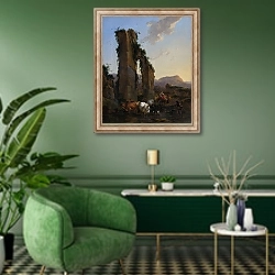«Крестьяне у разрушенного акведука» в интерьере гостиной в зеленых тонах
