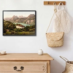 «Швейцария. Дом у озера в лесу» в интерьере в стиле ретро над комодом