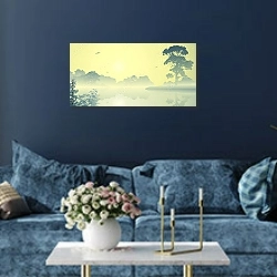 «Туманная река на восходе солнца» в интерьере современной гостиной в синем цвете
