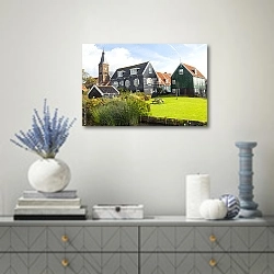 «Голландия. Деревушка Маркен » в интерьере современной гостиной с голубыми деталями