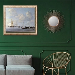 «Лодки, плывущие к кораблю в штиль» в интерьере классической гостиной с зеленой стеной над диваном