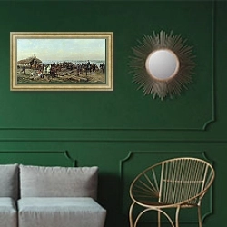 «Переправа через Дунай. 1880» в интерьере классической гостиной с зеленой стеной над диваном