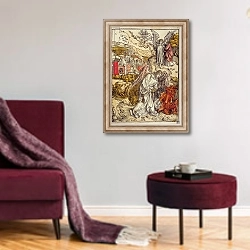 «Angel with the Key of the Abyss, 1498» в интерьере гостиной в бордовых тонах