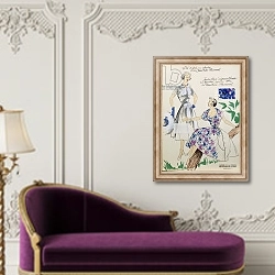 «Sketches and fabric swatches, from 'L'oficiel de la couleur des industries de la mode'» в интерьере в классическом стиле над банкеткой