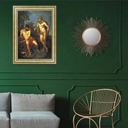«Меркурий и Аргус. 1776» в интерьере классической гостиной с зеленой стеной над диваном