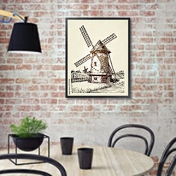 «Иллюстрация с ветряной мельницей» в интерьере современной кухни с кирпичной стеной