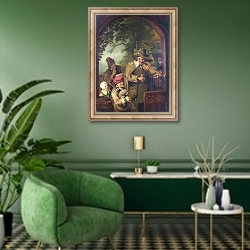 «Бродячие музыканты» в интерьере гостиной в зеленых тонах