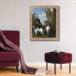 «Three Spaniels by an Urn in a Wooded Landscape» в интерьере гостиной в бордовых тонах