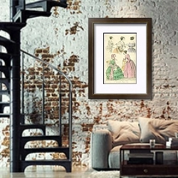 «Fashions for August 1847 1» в интерьере двухярусной гостиной в стиле лофт с кирпичной стеной
