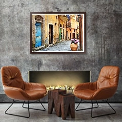 «Италия. Улицы Италии #3. Винтаж» в интерьере в стиле лофт с бетонной стеной над камином