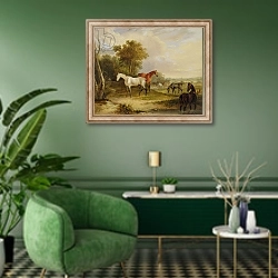 «Horses Grazing: A Grey Stallion grazing with Mares in a Meadow» в интерьере гостиной в зеленых тонах