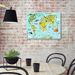«Детская карта мира с животными №9» в интерьере кухни в стиле лофт с кирпичной стеной