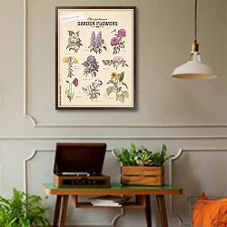 «Плакат флориста с 9 садовыми цветами» в интерьере комнаты в стиле ретро с проигрывателем виниловых пластинок