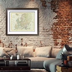 «Карта Европы, 1777-1779 г.» в интерьере гостиной в стиле лофт с кирпичной стеной