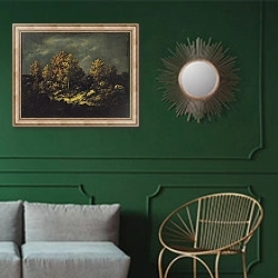 «The Jean de Paris Heights in the Forest of Fontainebleau, 1867» в интерьере классической гостиной с зеленой стеной над диваном
