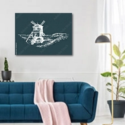 «Эскиз деревенской ветряной мельницы» в интерьере современной гостиной над синим диваном