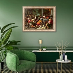 «The Rich Man and Lazarus, 1590-95» в интерьере гостиной в зеленых тонах