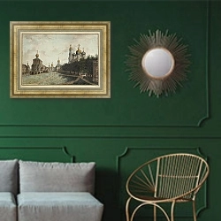 «Сергиева Лавра» в интерьере гостиной с зеленой стеной над диваном