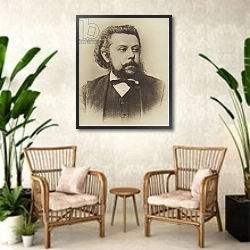 «Portrait of Modest Mussorgsky» в интерьере комнаты в стиле ретро с плетеными креслами