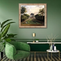 «Views of the Chateau de Mousseaux and its Gardens, 2» в интерьере гостиной в зеленых тонах