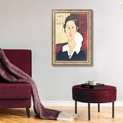 «Portrait of Madame Hanka Zborowska, 1917» в интерьере гостиной в бордовых тонах