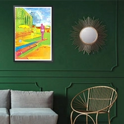 «Holiday Maker; 2016,» в интерьере классической гостиной с зеленой стеной над диваном