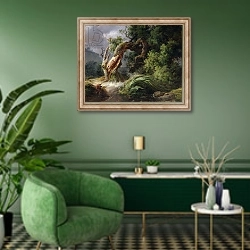 «The Oak and the Reed, 1816» в интерьере гостиной в зеленых тонах