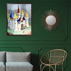 «The Story of Tom Thumb 15» в интерьере классической гостиной с зеленой стеной над диваном