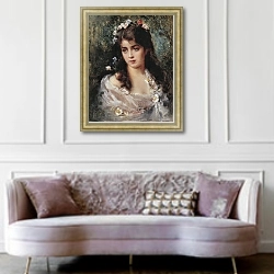 «Девушка в костюме Флоры» в интерьере гостиной в классическом стиле над диваном