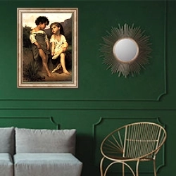 «Маленькие купальщицы» в интерьере классической гостиной с зеленой стеной над диваном