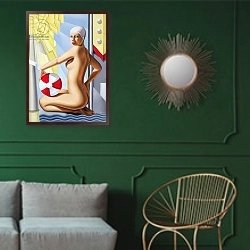 «SUNWORSHIPPER I» в интерьере классической гостиной с зеленой стеной над диваном