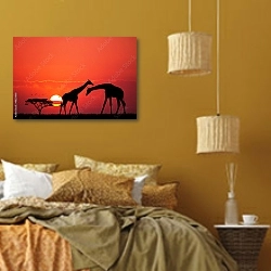 «Жирафы на закате» в интерьере спальни  в этническом стиле в желтых тонах