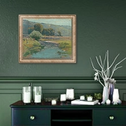 «Landscape with a flooded stream» в интерьере прихожей в зеленых тонах над комодом