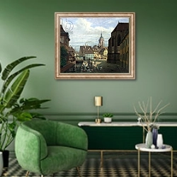 «Place des Dominicains, Colmar, 1876» в интерьере гостиной в зеленых тонах