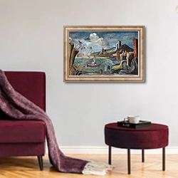 «Surrealistiskt landskap med figurer» в интерьере гостиной в бордовых тонах