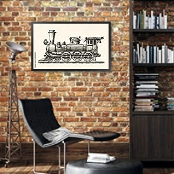 «Винтажный локомотив» в интерьере кабинета в стиле лофт с кирпичными стенами
