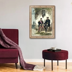 «Meeting between Otto von Bismarck and Napoleon III at Donchery, 2nd September 1870» в интерьере гостиной в бордовых тонах