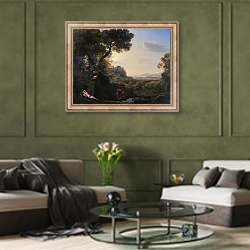 «Пейзаж с Нарциссом и Эхо» в интерьере гостиной в оливковых тонах