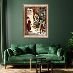 «The Three Little Men» в интерьере зеленой гостиной над диваном