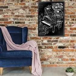 «Пианино» в интерьере в стиле лофт с кирпичной стеной и синим креслом