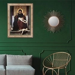 «Утешение Богородицы» в интерьере классической гостиной с зеленой стеной над диваном