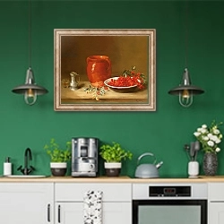 «Still life of cherries in a bowl» в интерьере кухни с зелеными стенами