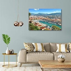 «Франция, Лазурное побережье. Порт Ниццы» в интерьере современной гостиной с голубыми стенами