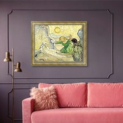 «Восстание Лазаря (после Рембрандта), 1889» в интерьере гостиной с розовым диваном