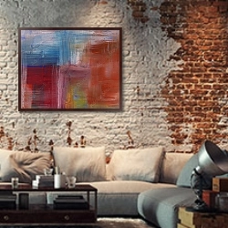 «Абстрактная картина #20» в интерьере гостиной в стиле лофт с кирпичной стеной