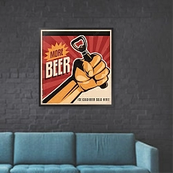 «Ретро-плакат пива с революционным кулаком» в интерьере в стиле лофт с черной кирпичной стеной
