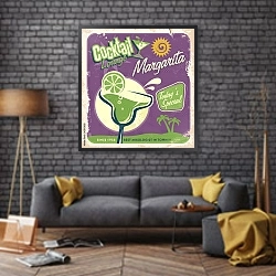 «Ретро плакат с популярным коктейлем маргарита» в интерьере в стиле лофт над диваном